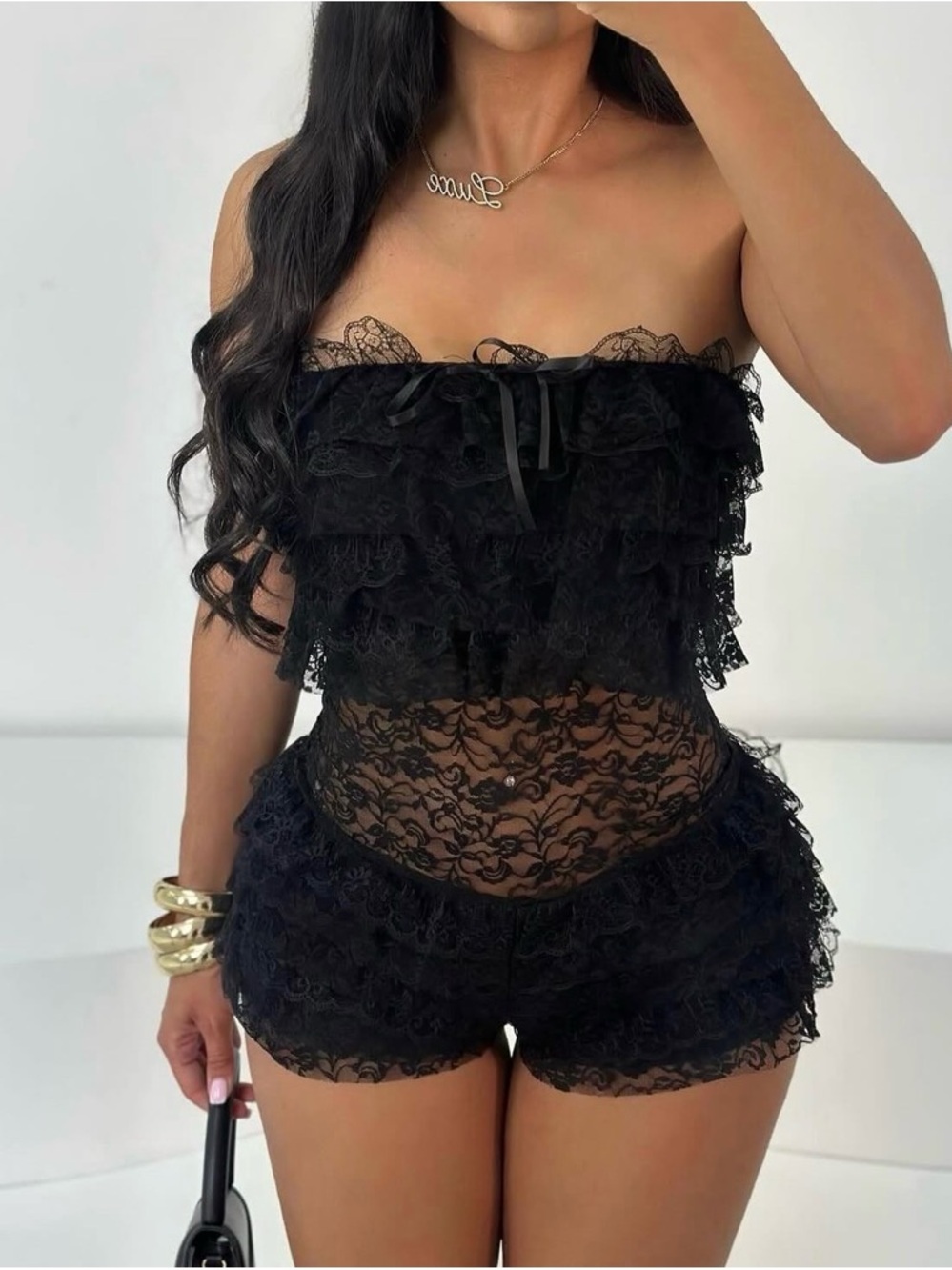 Rave Wonderland Black Lace Strapless Romper